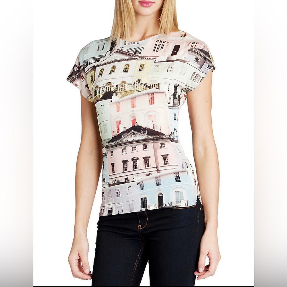 TED BAKER Keepa Regency Houses Country Pastel Print Tee Top UK L